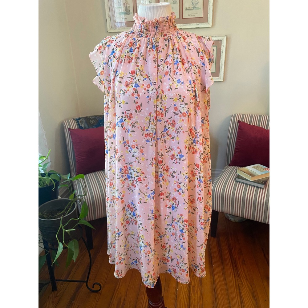 CODE X MODE Pink Floral Smocked High Neck Flutter Sleeve Shift dress XS Mini - Picture 5 of 9